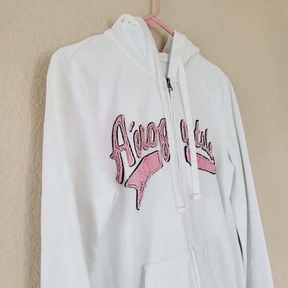 VTG Y2K Aeropostale White Full Zip Hoodie Women Large Spell Out Preppy Surf Flaw - Picture 2 of 8